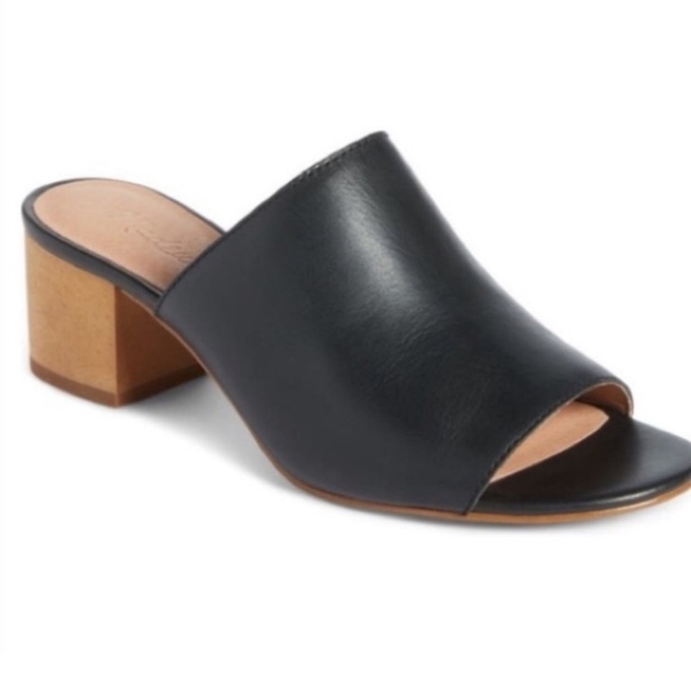 Madewell Black Leather Open Front Mules Block Heel